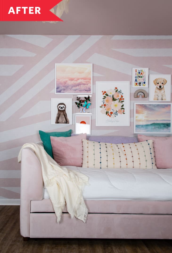 After: Daybed against wall with striped wallpaper and gallery wall