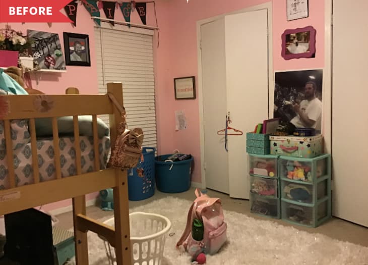 Before: Kid's bedroom with plastic storage drawers between closet