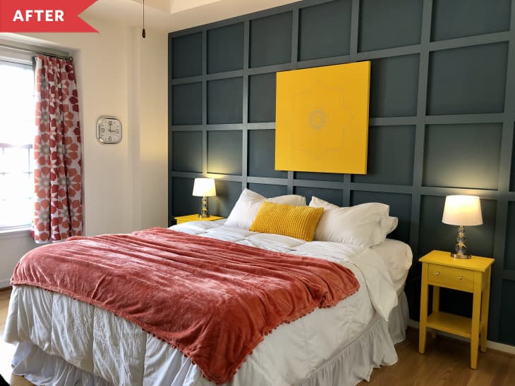 After: Bedroom with blue-green grid wall, yellow nightstands, and yellow artwork above bed