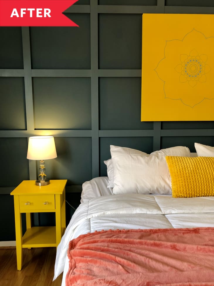 After: Close-up of yellow nightstand next to bed
