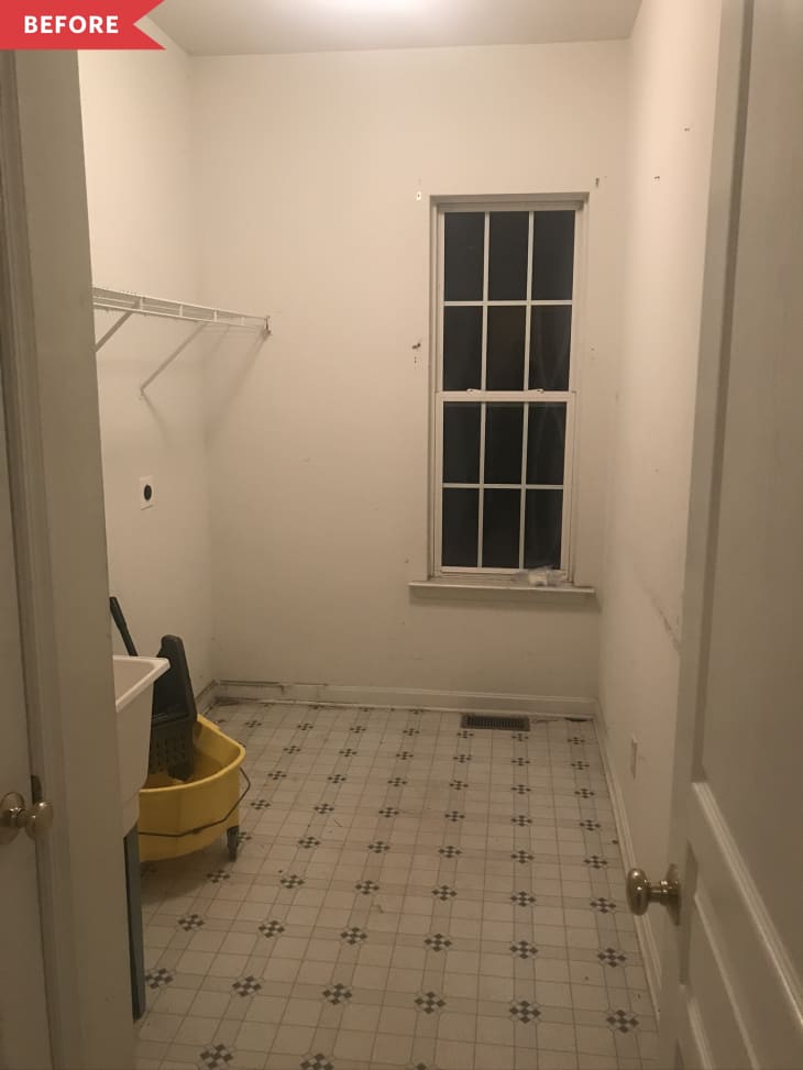 Before: Dark laundry room with white walls and dated vinyl floor