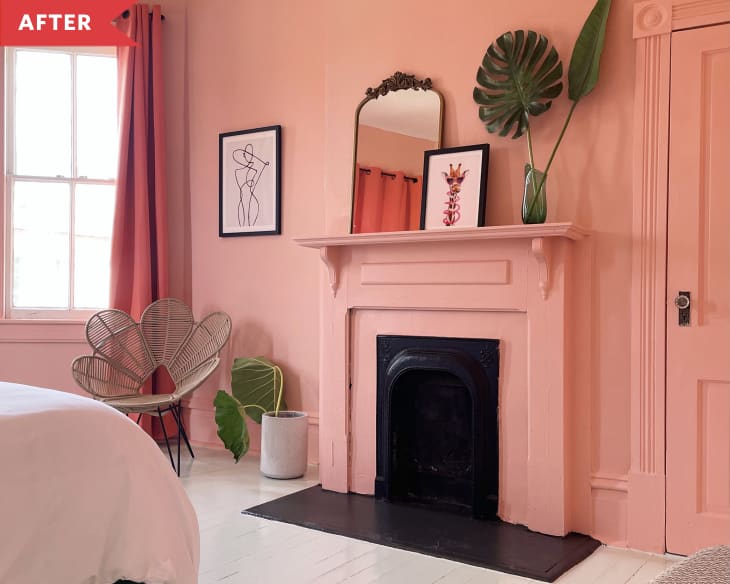 After: Pink fireplace in room with pink walls