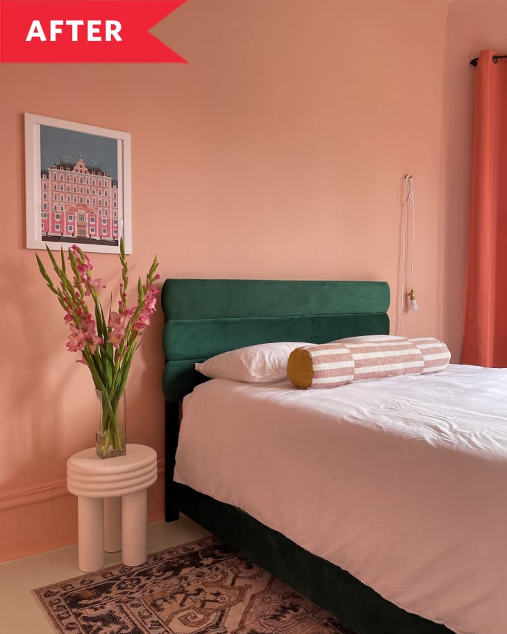After: Bedroom with green velvet headboard and pink walls