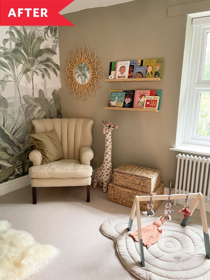 After: Tufted armchair next to bookshelf in nursery with tropical wall mural