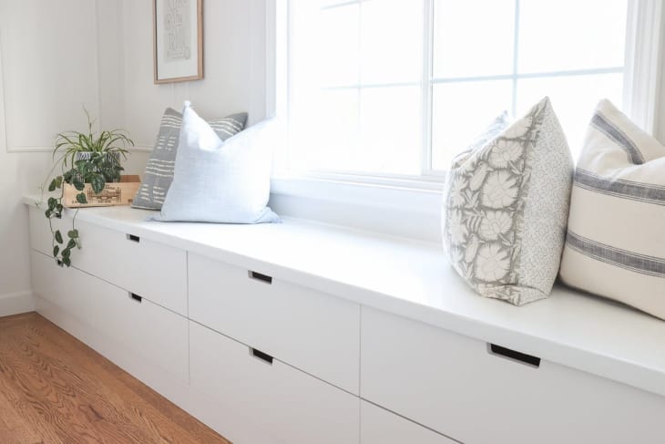White window seat made from IKEA NORDLI cabinets