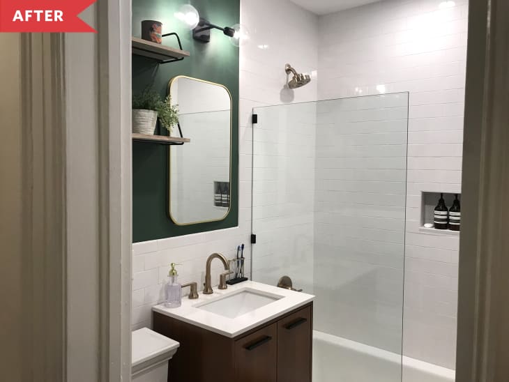 After: Sleek white and green bathroom