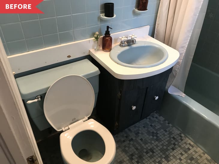 Before: Dated bathroom with blue tile, tub, toilet, and sink