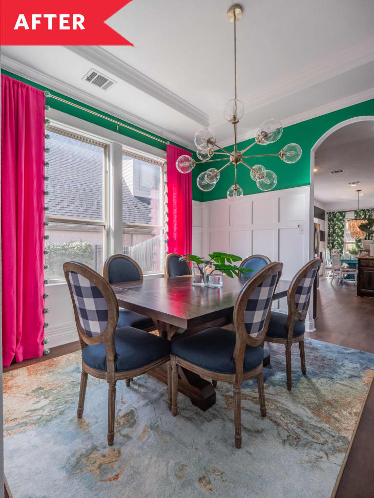 After: Dining room with green walls, pink curtains, and plaid chairs