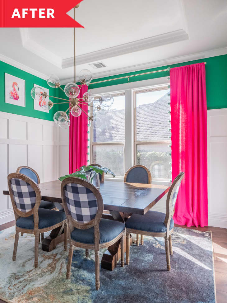 After: Dining room with green walls, pink curtains, and plaid chairs