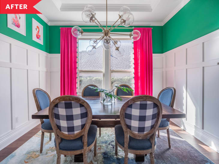 After: Colorful dining room with large sputnik chandelier above table