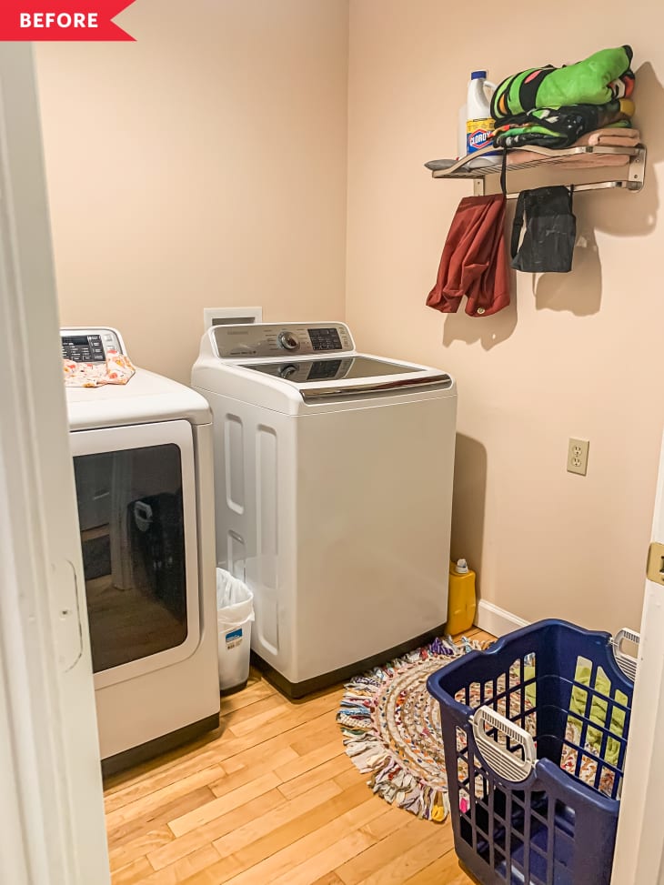 Before: Small beige laundry room with empty walls