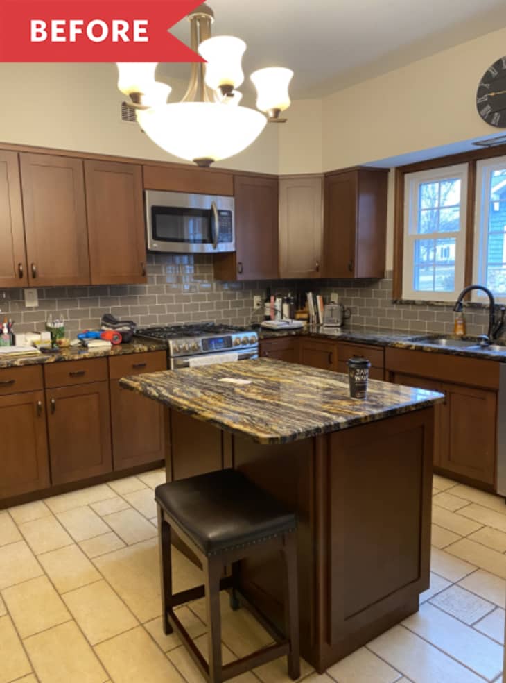 wide angle kitchen before renovation tile floors wooden island wood cabinets
