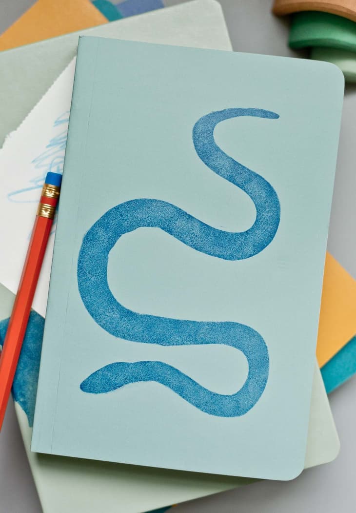 blue notebook with a stenciled snake painted on the cover