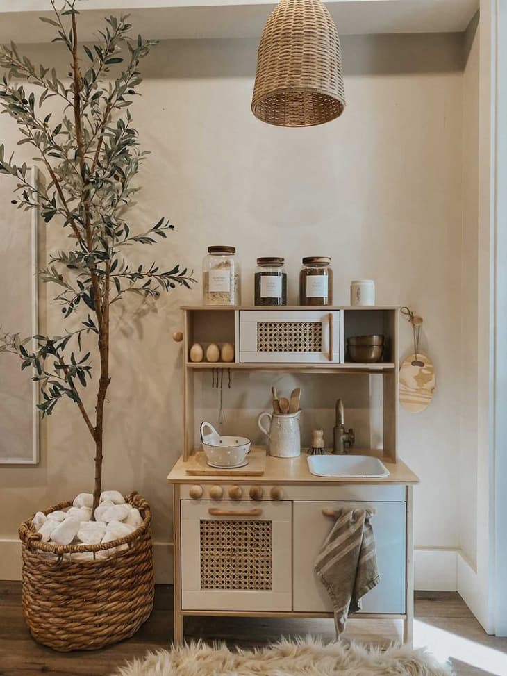 boho-style play kitchen made from IKEA DUKTIG play kitchen