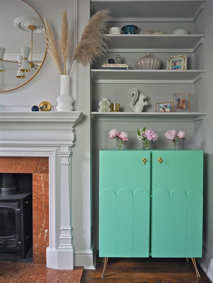 mint green bar cabinet with gold hardware and legs, made from IKEA IVAR cabinet