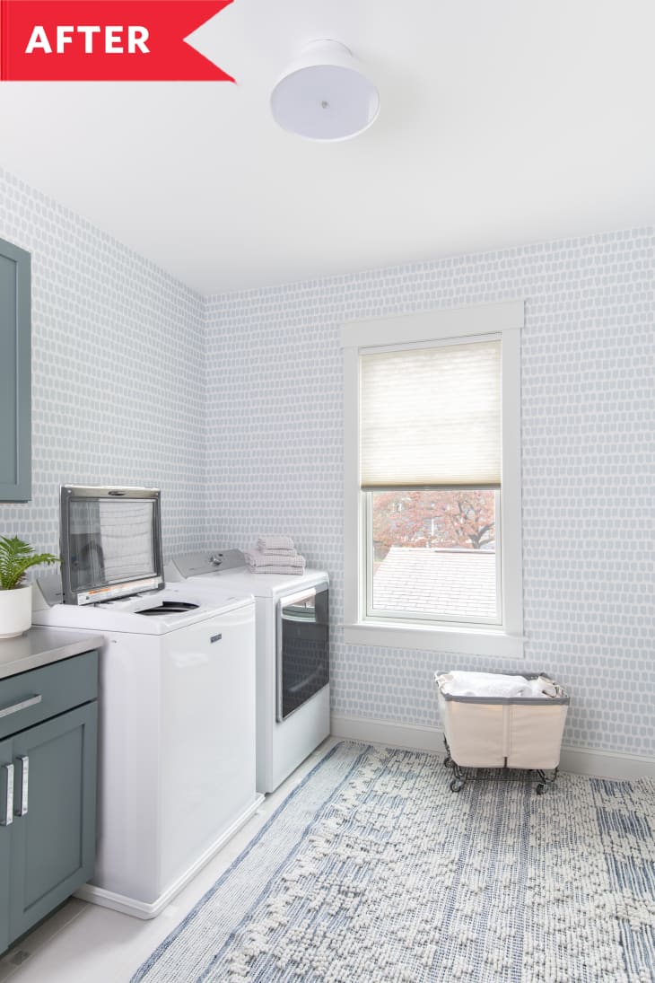 After: Bright, clean laundry room with wallpaper and boho rug