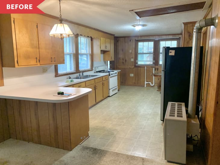 Before: 1970s-style kitchen with brown wood cabinets, beige vinyl floor, and off-white countertops