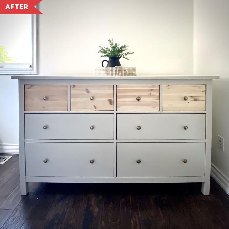 After: IKEA HEMNES eight-drawer dresser with gray paint on base of dresser with top drawers sanded to reveal natural wood