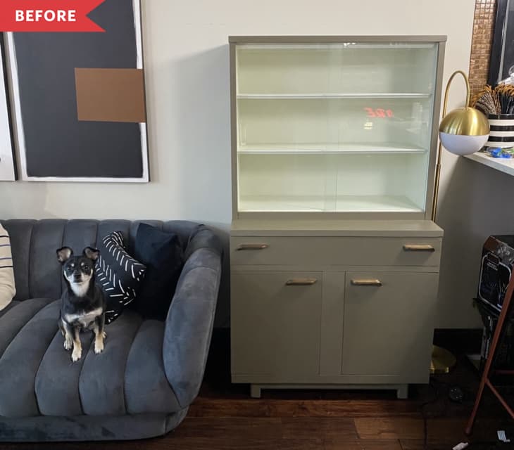 Before: Vintage hutch painted gray with brass pulls