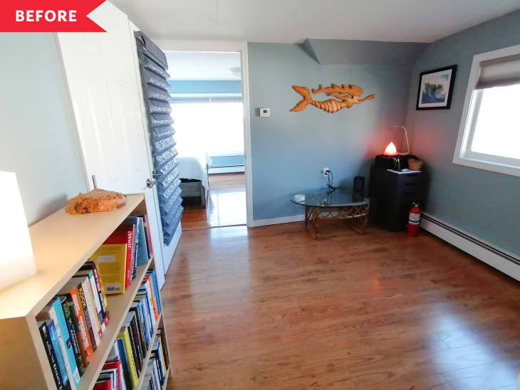 Before: Room with light blue walls and hardwood floors, furnished with a bookshelf and other assorted furniture