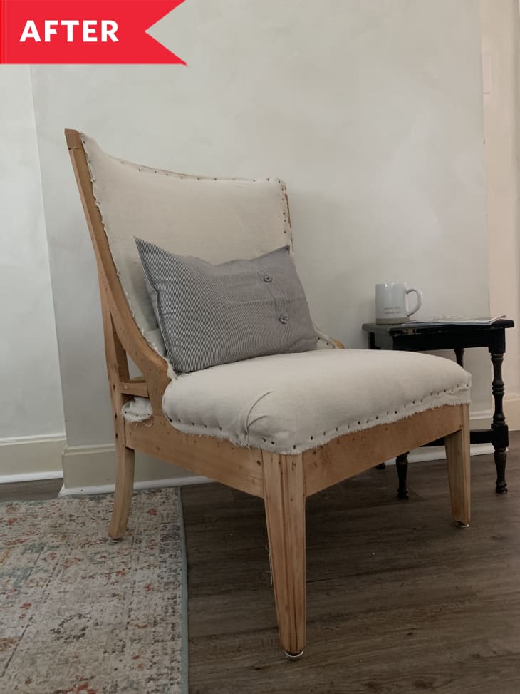 After: Chair with wooden frame and linen cushion