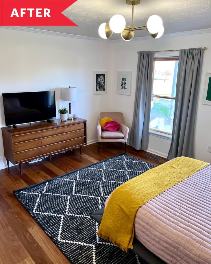 After: Bright bedroom with white walls, wood floors, and mid-century dresser