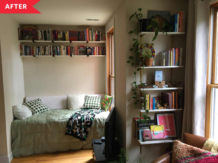 After: Reading nook with a daybed and two rows of shelves mounted to the wall