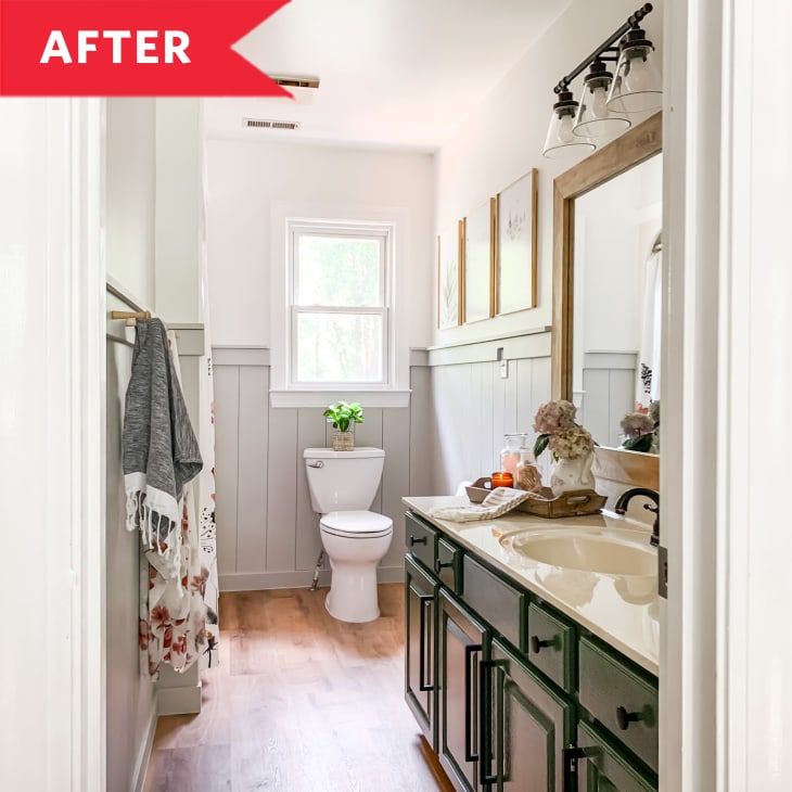 After: Bright bathroom with green vanity and gray wall paneling