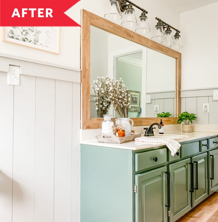 After: Bright bathroom with green vanity and gray wall paneling