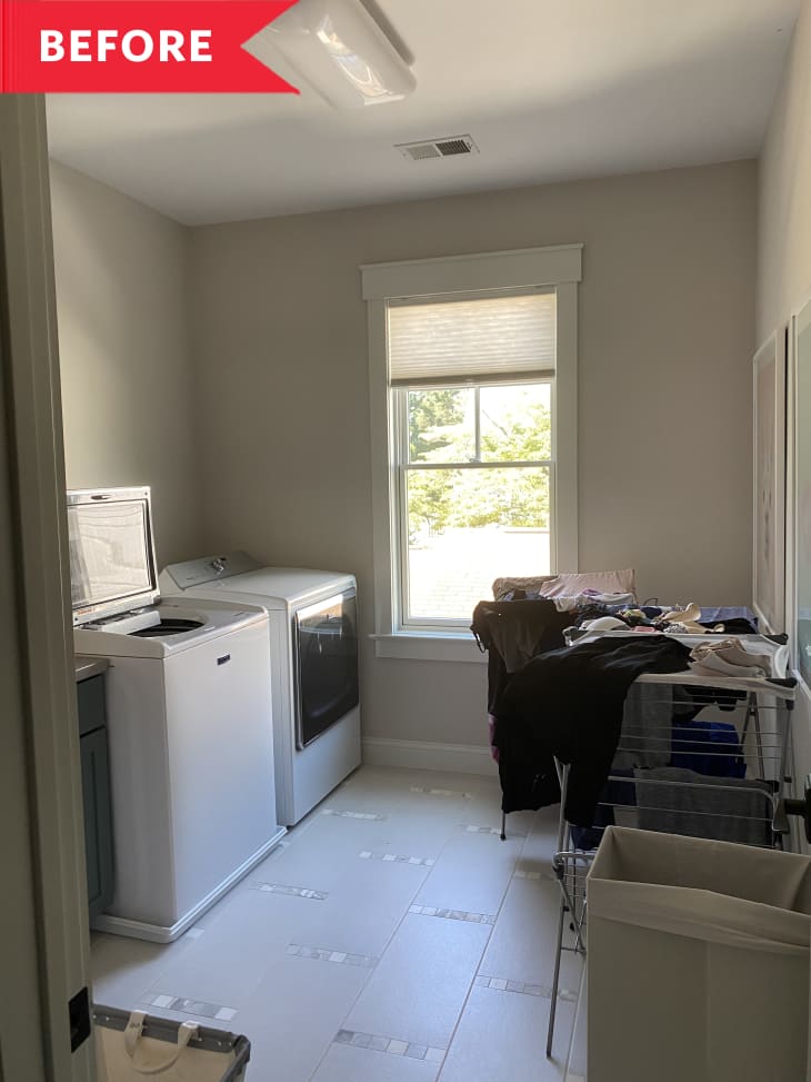 Before: Laundry room with tan walls and drying racks holding clothes