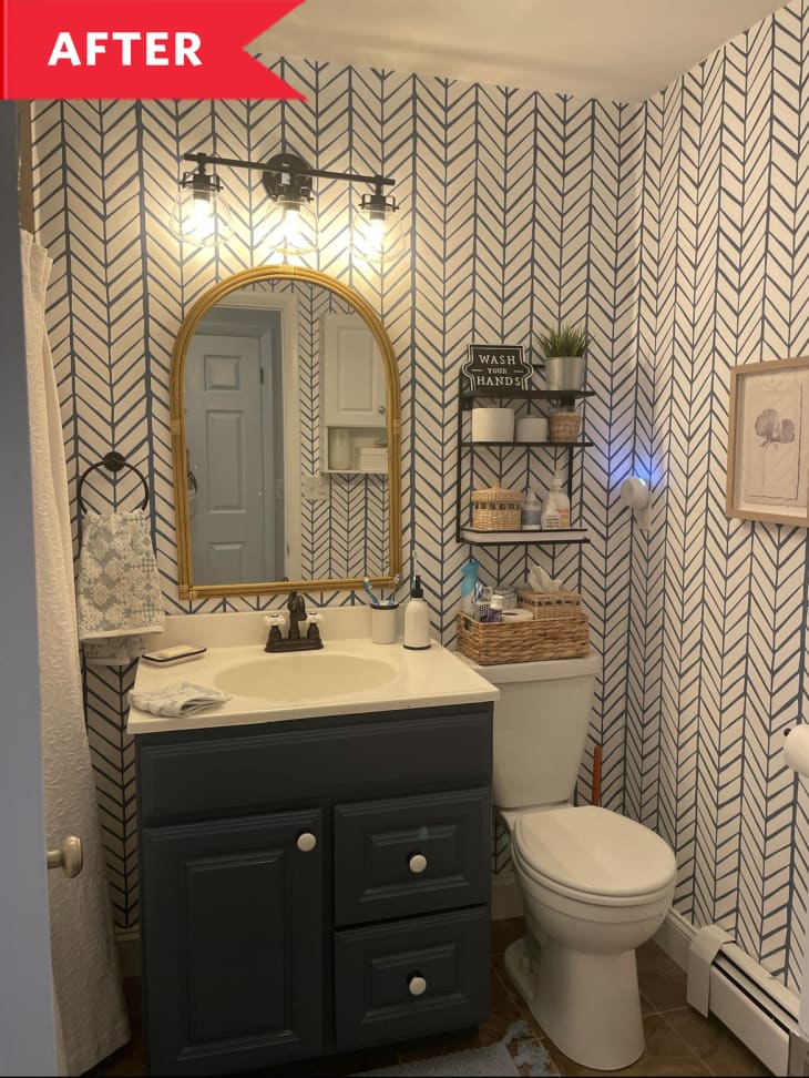 After: Cozy bathroom with chevron wallpaper