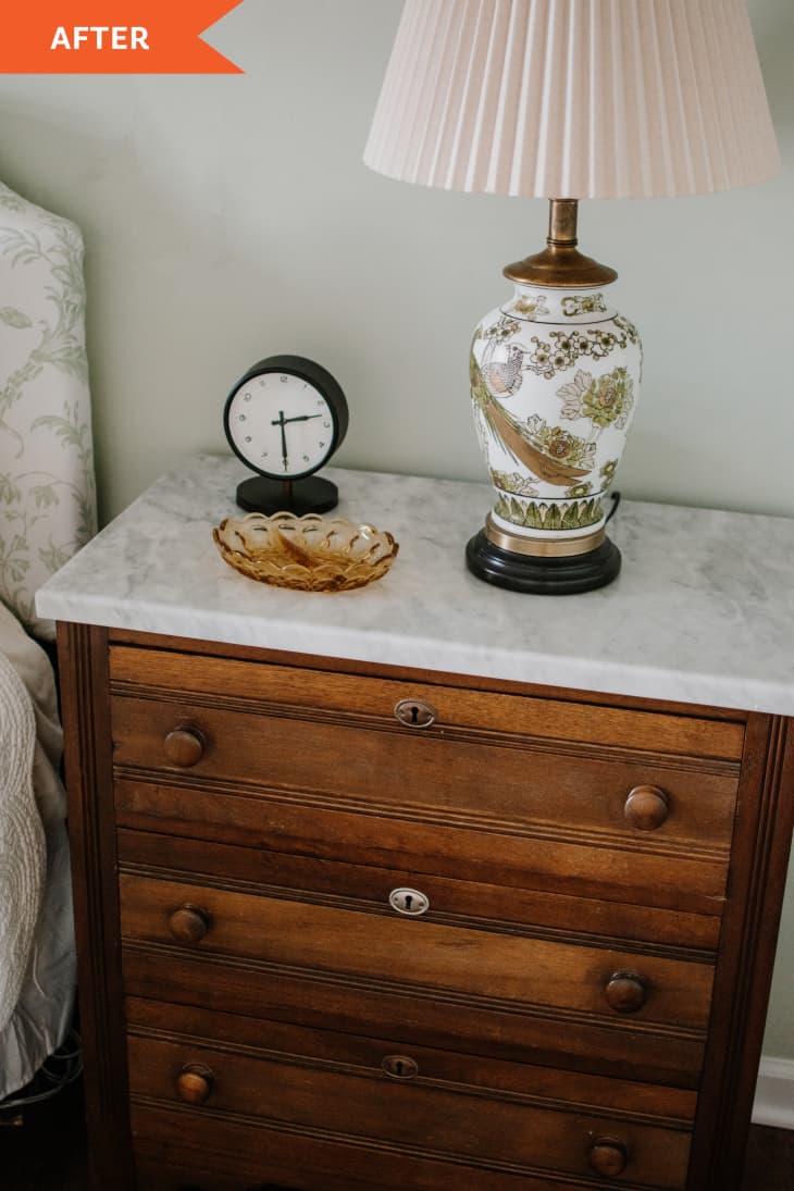 After: Vintage wood dresser with marble top