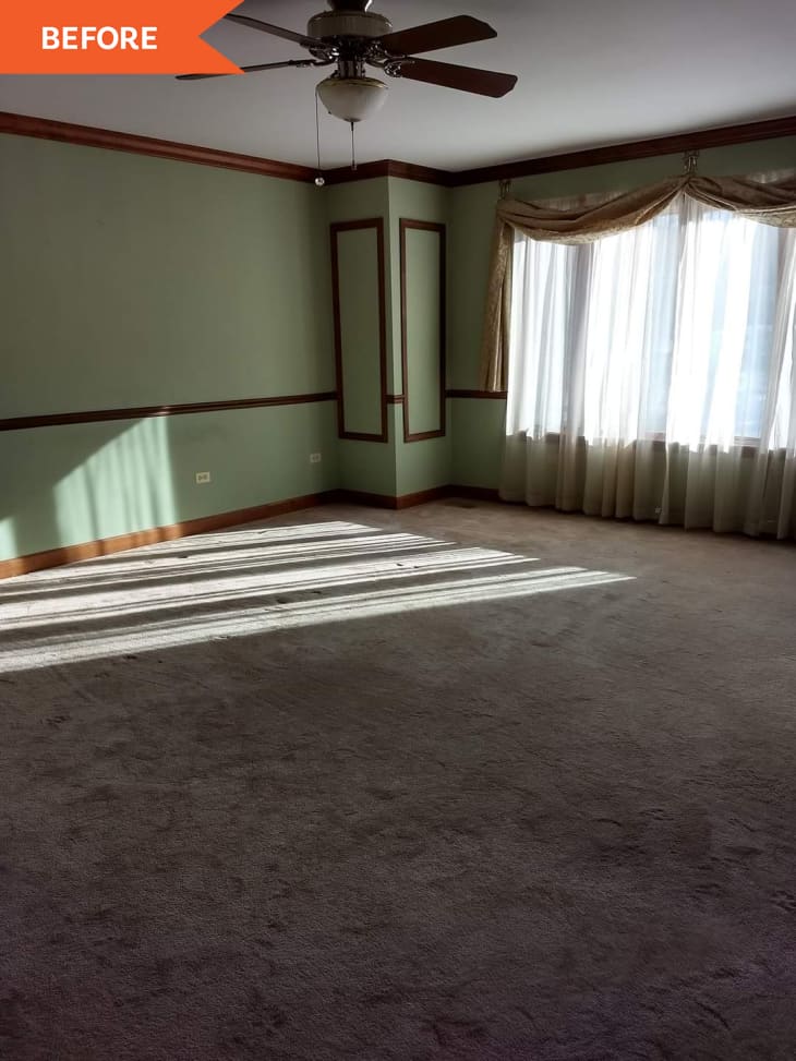 Before: Empty bedroom with beige carpet and light green walls
