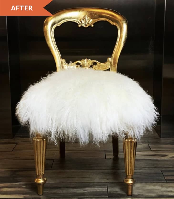 After: Glam, gold-framed chair with furry seat cushion