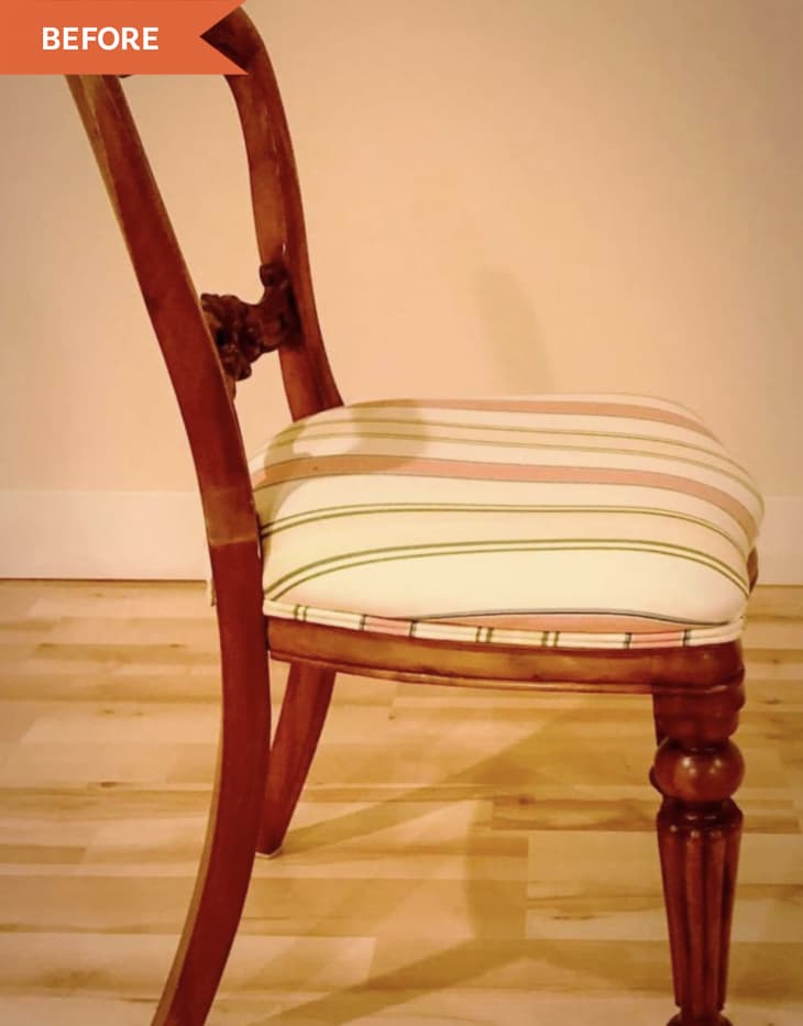 Before: Side of ornate wood-framed chair with striped upholstered seat