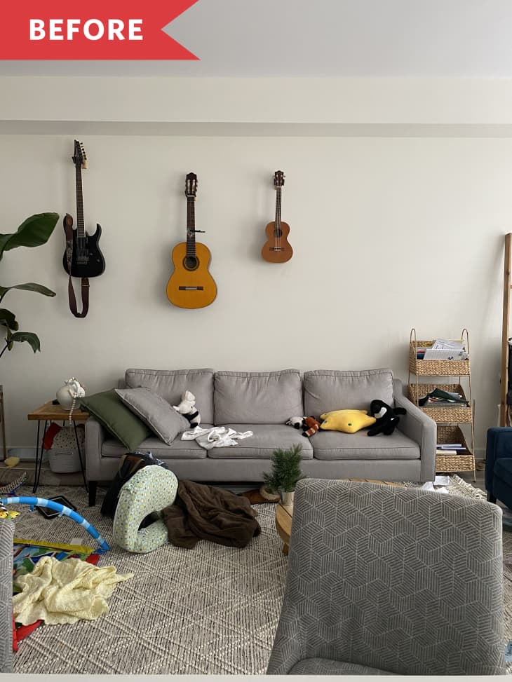 messy living room guitars on wall