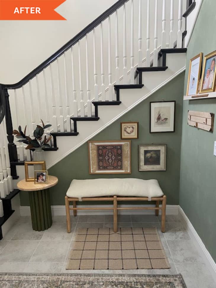 Staircase with mint walls and bench