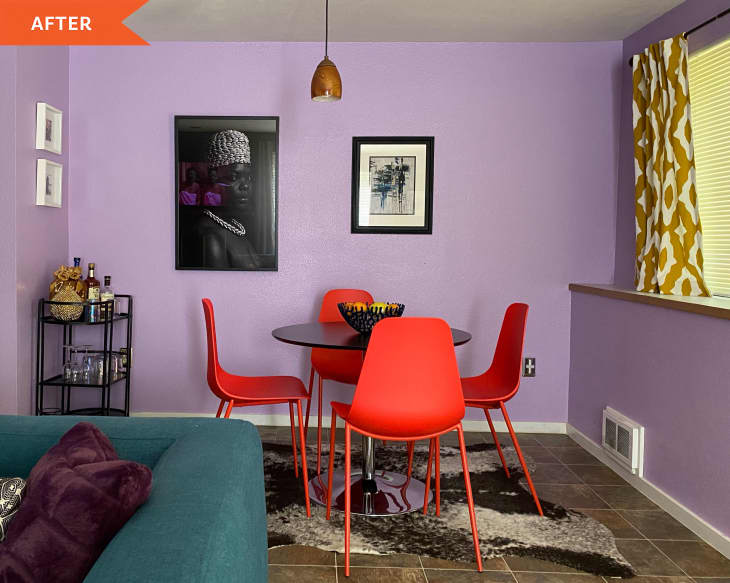 purple living room with dining table