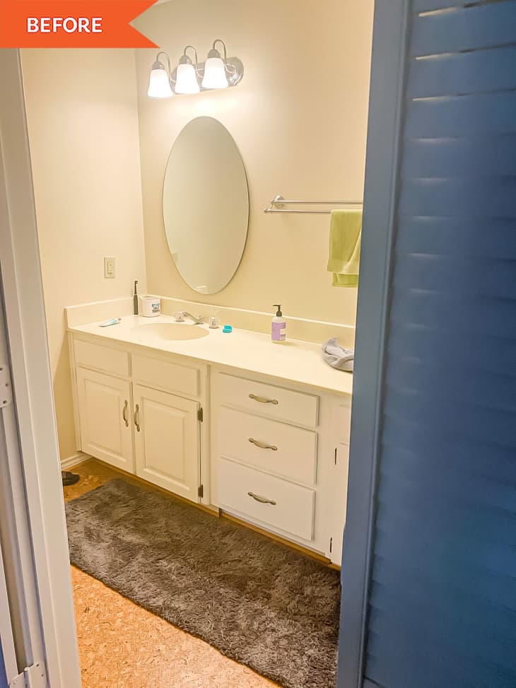 Bathroom mirror and blue door