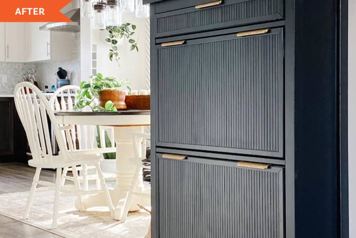 After: IKEA Hemnes shoe storage with fluted drawer fronts and aged brass handles