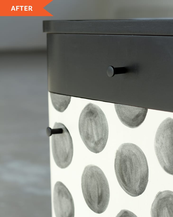 After: corner of black and white polka dot nightstand