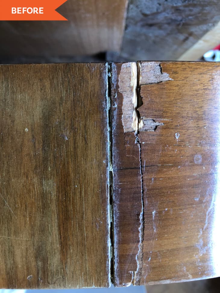 Before: top view of brown wooden nightstand