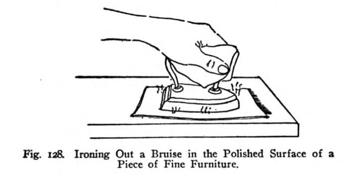 illustration of a hand using an iron to remove dents from wood surfaces