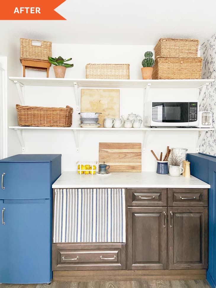 After: bright kitchenette with blue appliances