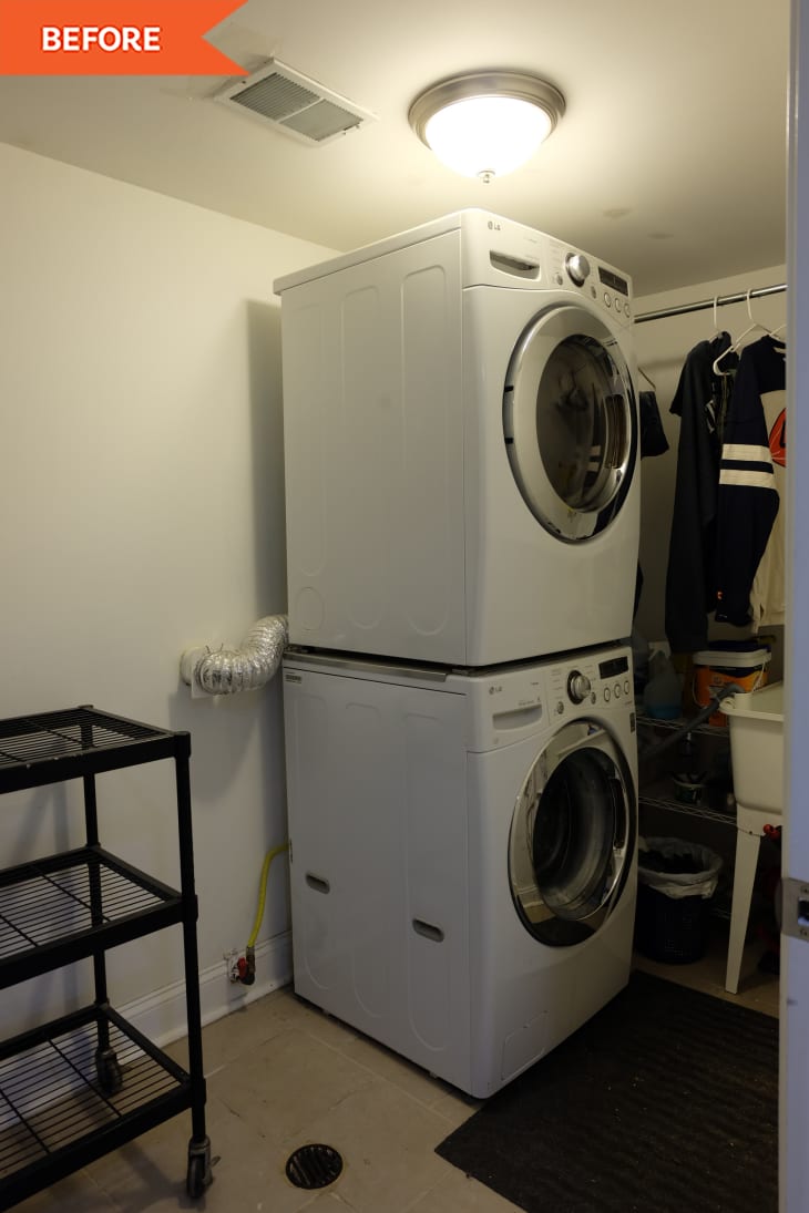 Before: white laundry room with stacked washer and dryer