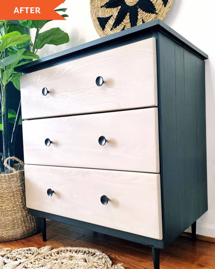 After: dresser with three whitewashed wood drawers and a black frame. There are two black knobs on each drawer