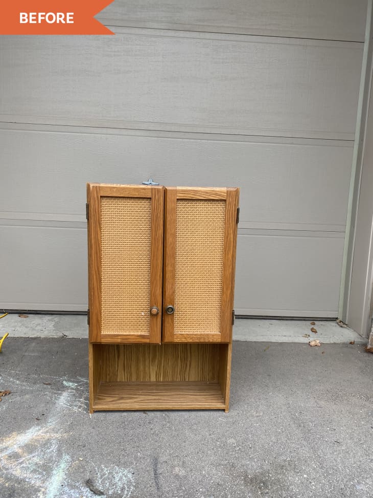 Before: plain wood cabinet with two doors and an open shelf on the bottom