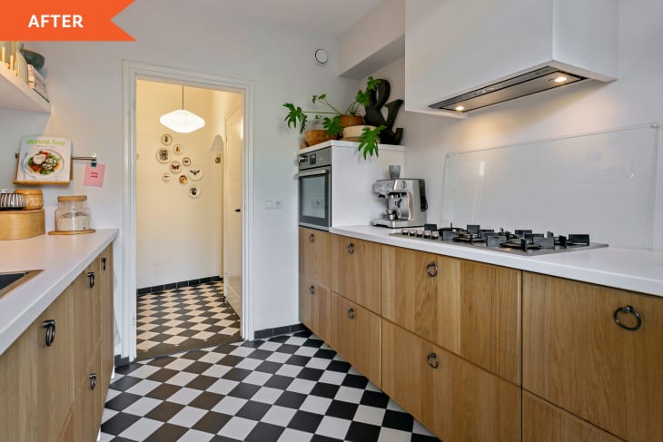 After: kitchen with checkered floors and white counters with wooden cabinets