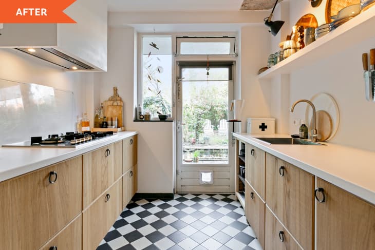 After: kitchen with checkered floor and white counters