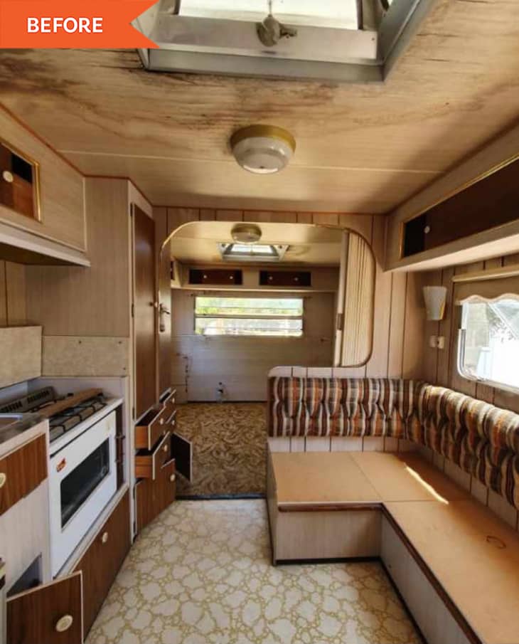 Before: Brown wooden interior of RV